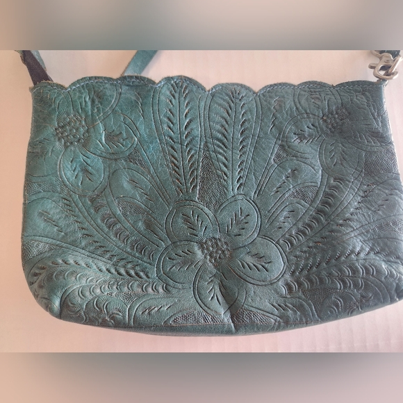 Vintage Gabriel S Hand Wristlet Dark Green Tool Stamped Leather Flower Desgin - Picture 1 of 7